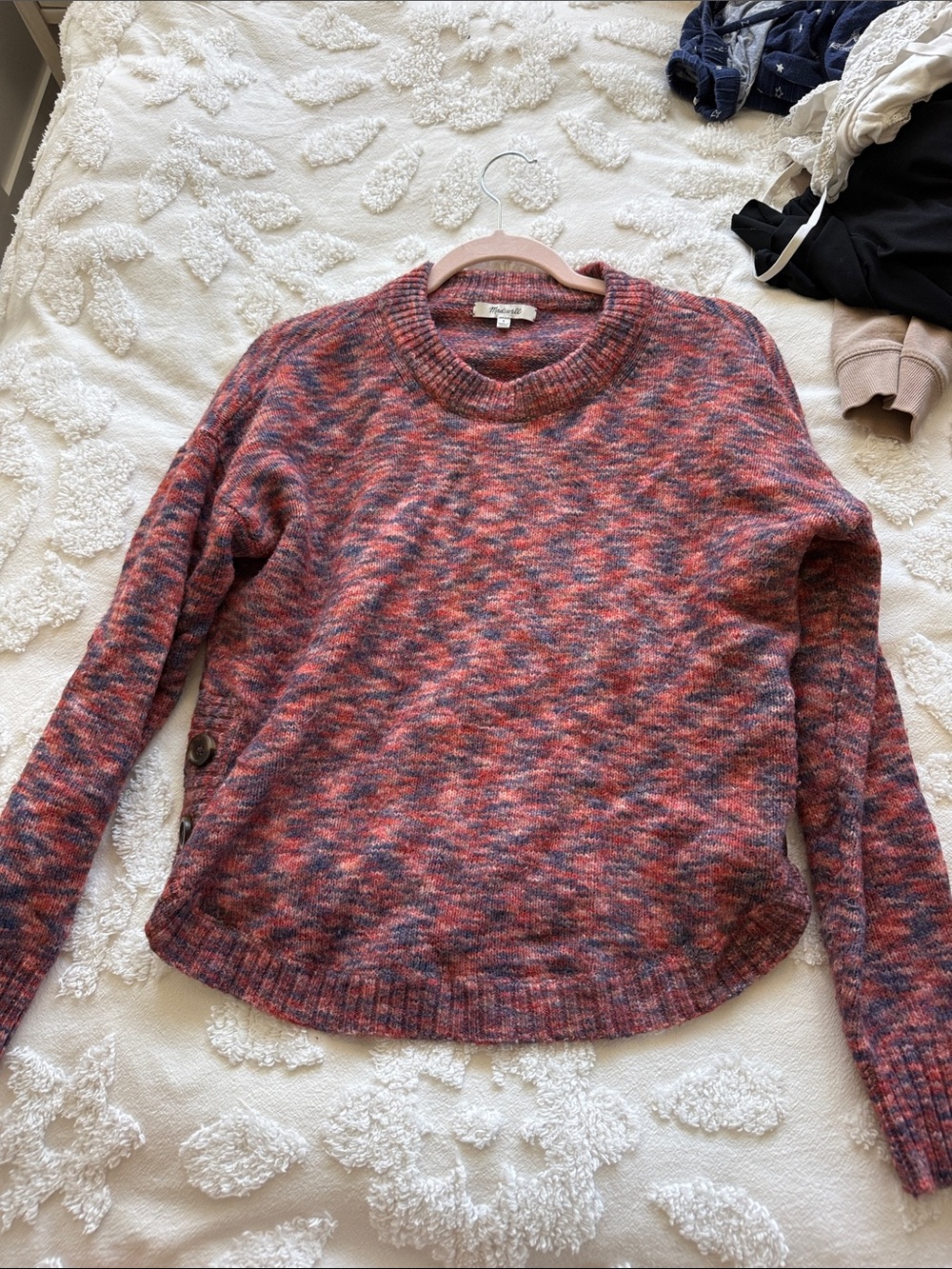 Madewell Multicolor Pink & Blue Crewneck Sweater with Button Side Detail